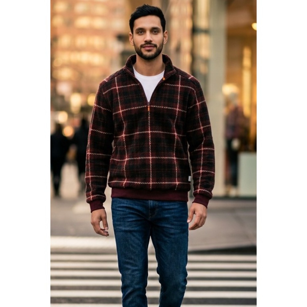 Frye & Co. Plaid Fleece Quarter Zip Pullover Men's SZ S Mock Neck Banded Waist
